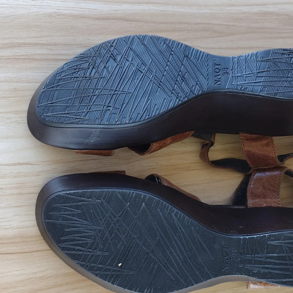 Naot Leather Platform Wedge Sandals Sz 7 EU 38 Cognac Brown Ankle T Strap Shoes - Picture 2 of 5